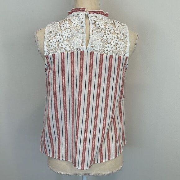 Striped Lace High Neck Sleeveless Blouse - Picture 4 of 6